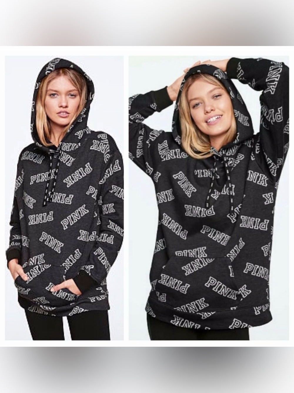 PINK Sherpa lined hood Campus pullover hoodie Grey print Small